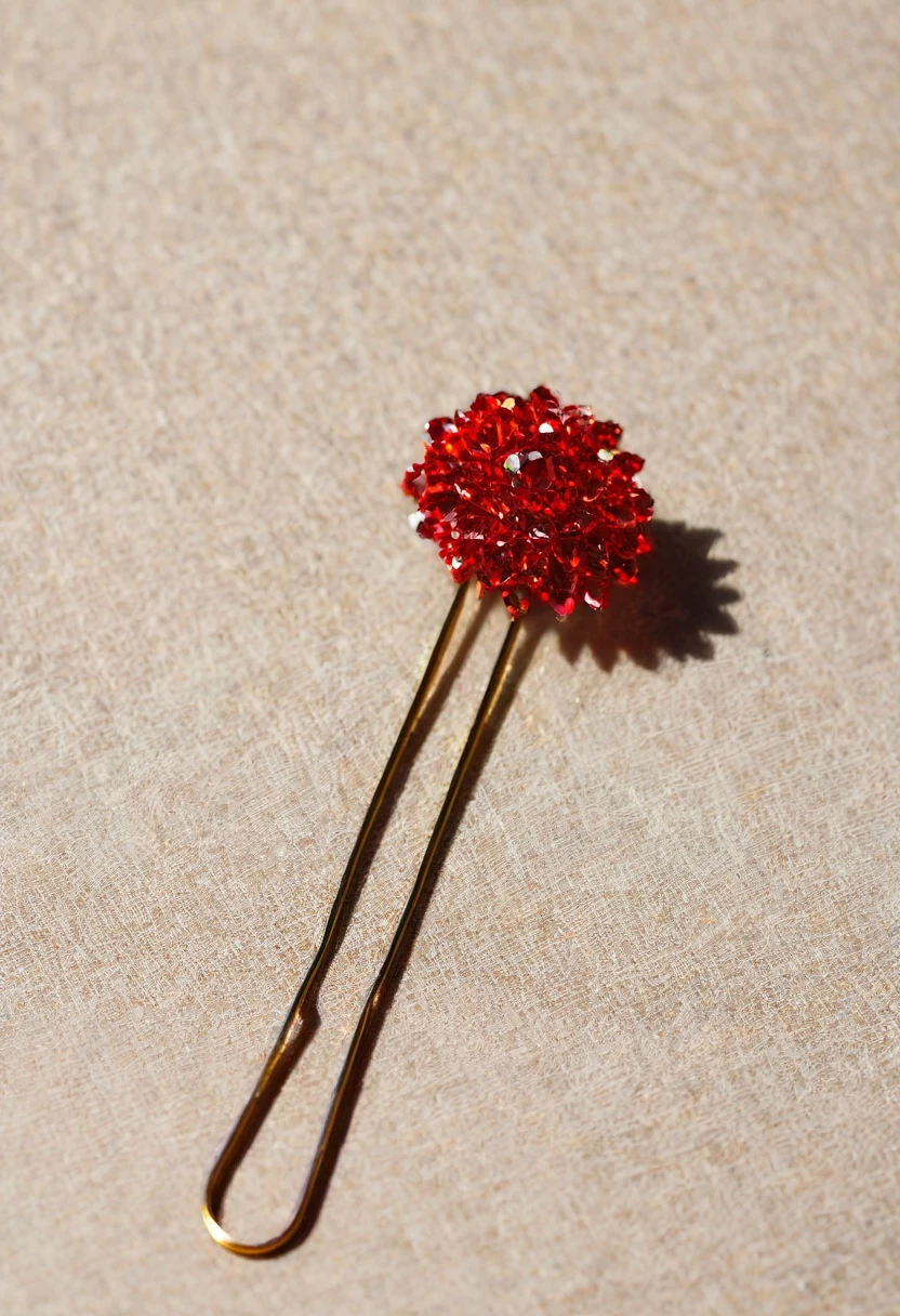 Color photo of a red hairpin lying on the table close-up
