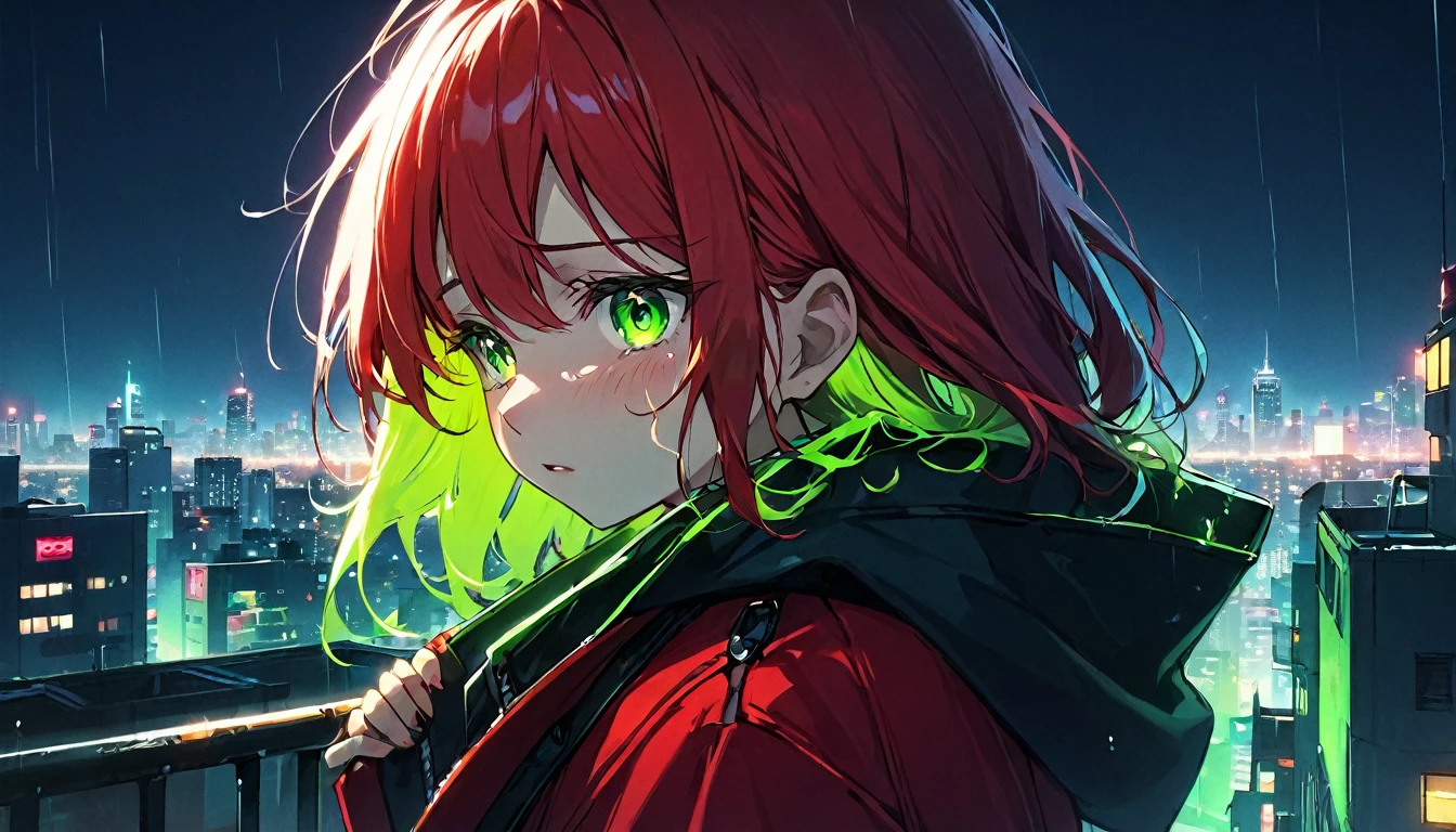 tearsを流す女の子 1 人、Crying face close-up、cyber punk、Green Eyes、Glowing Eyes、tears、neon、Red coat、Open coat、、rooftop