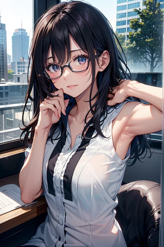A beautiful female college student, screen in front of window, Overlooking the city projected on the screen, cafe, window behind white desk, city view, overlooking the cityscape, notebook, Holding a pen in one hand, glasses, black hair, midsummer loungewear, cool clothes, ((skin under one armpit)), ((flank skin)), intellectual atmosphere, dark lighting, knowledge, scholarship, study tools, enthusiasm, calm environment, taking notes, enthusiasm, immersion, inquisitiveness, research, concentration, sense of accomplishment, pursuit of knowledge, academic pursuit, academic inquisitiveness, cinematic lighting, Sony FE GM, masterpiece, top quality, 4K, academic atmosphere, (masterpiece), (best quality), ultra-high res, sharp focus, beautiful detailed hair