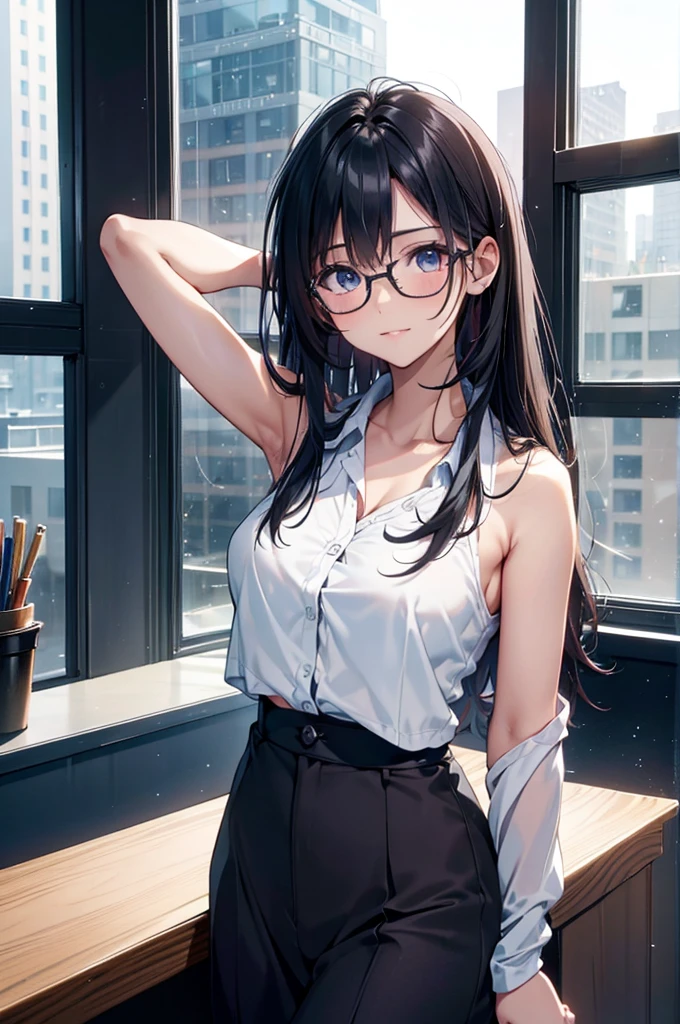 A beautiful female college student,  screen in front of window,  Overlooking the city projected on the screen, cafe,  window behind white desk, city view, overlooking the cityscape, notebook, Holding a pen in one hand, glasses, black hair, midsummer loungewear, cool clothes, ((skin under one armpit)), ((flank skin)), intellectual atmosphere, dark lighting,  knowledge, scholarship, study tools, enthusiasm, calm environment, taking notes, enthusiasm, immersion, inquisitiveness, research,　concentration, sense of accomplishment, pursuit of knowledge, academic pursuit,  academic inquisitiveness, cinematic lighting, Sony FE GM, masterpiece, top quality, 4K, academic atmosphere, (masterpiece), (best quality), ultra-high res, sharp focus, beautiful detailed hair