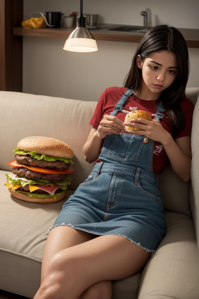 Scene of a person sitting on the sofa, no fundo uma janela bem iluminada, clima claro, essa pessoa cercada de fastfood e refrigerante, She looks closely at the burger . Next to her under the sofa is an iPhone in "destaque".  Scene is a warning about improper use of food. 