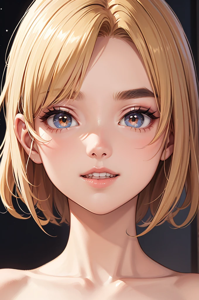 Browsing Caution,masterpiece、highest quality、High resolution、High-quality images、8k, 2 female、Skin luster、Glowing Skin、Skin Texture、Expression of fine eyeasterpiece,8k, masterpiece, highest quality, High resolution, blonde、short、girl、topless、Face close-up、smile、Plump lips、Open your mouth、High nose、Straight nose、star-shaped pupils:1.4、Golden Eyes、eye shadow、Thick eyebrows