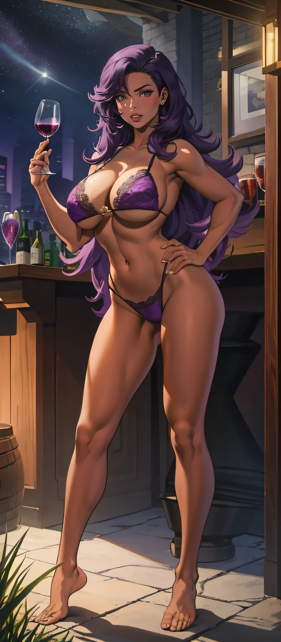 Masterpiece, best quality, Masterpiece, best quality, 1 woman, black skin , Long Lilac Hair , purple hair. , shy , sly face , tubeless shy , purple lace bikini , big breasts , , abdomen , Long legs , Put your hands on your hips.... , One hand holding a wine glass , Barefoot , full body , pub , bar , at night