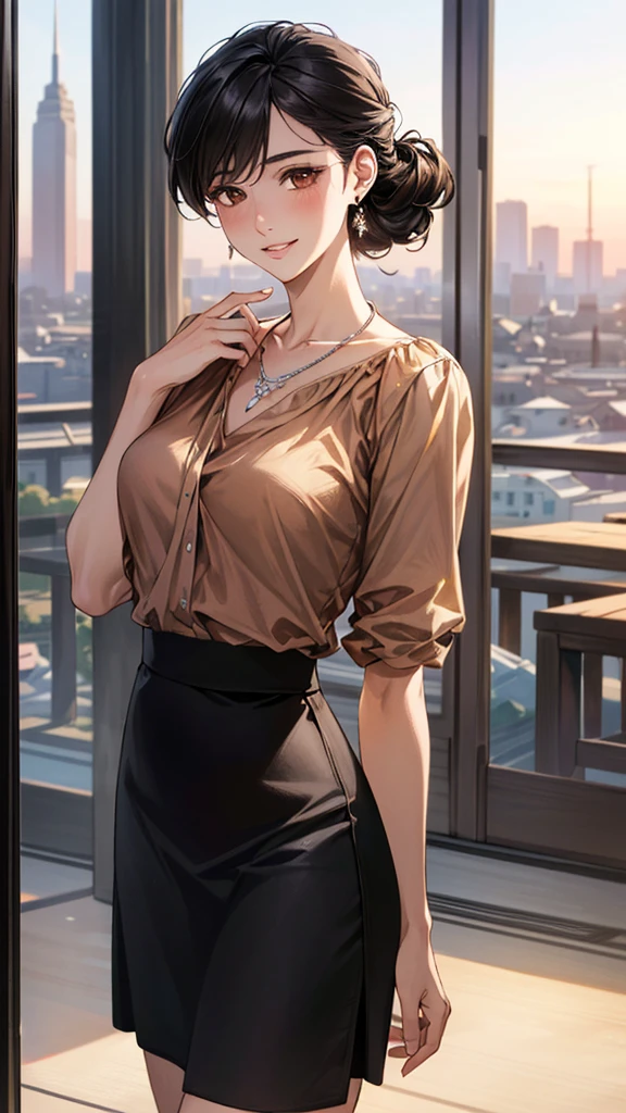 (masterpiece:1.3, highest quality, Ultra-high resolution, Super detailed), (Realistic, photoRealistic:1.4), Beautiful illustrations, Perfect lighting, colorful, Depth of written boundary,
Beautiful detailed hair, Beautifully detailed face, Beautiful fine details, Beautiful clavicle, Beautiful body, Beautiful breasts, Beautiful thighs, Beautiful feet, Beautiful fingers,
View Viewer, Front view:0.6, 1 girl, Japanese, Female college student, Perfect Face, (Perfect Anatomy, Anatomically correct), Cute and symmetrical face, Baby Face, , Shiny skin,
((Brown blouse:1.4, Black long skirt:1.4)),
(Black Hair, Updo Hair:1.4), Brown eyes, Long Eyelashes, (Medium chest), thin,
necklace, Earrings,
(Beautiful views), evening, (city, cityscape in the distance), Are standing, (Place your hand on your chest), (Smile, Lips parted),