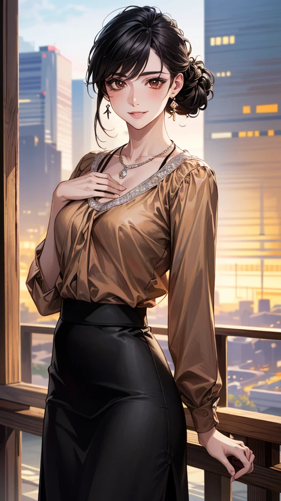(masterpiece:1.3, highest quality, Ultra-high resolution, Super detailed), (Realistic, photoRealistic:1.4), Beautiful illustrations, Perfect lighting, colorful, Depth of written boundary,
Beautiful detailed hair, Beautifully detailed face, Beautiful fine details, Beautiful clavicle, Beautiful body, Beautiful breasts, Beautiful thighs, Beautiful feet, Beautiful fingers,
View Viewer, Front view:0.6, 1 girl, Japanese, Female college student, Perfect Face, (Perfect Anatomy, Anatomically correct), Cute and symmetrical face, Baby Face, , Shiny skin,
((Brown blouse:1.4, Black long skirt:1.4)),
(Black Hair, Updo Hair:1.4), Brown eyes, Long Eyelashes, (Medium chest), thin,
necklace, Earrings,
(Beautiful views), evening, (city, cityscape in the distance), Are standing, (Place your hand on your chest), (Smile, Lips parted),