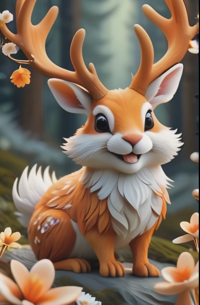 cute jackalope with Whimsical nature made of DonMS4kur4XL, Whimsical, 2 heads,smile，orange fur，Mini character，An illustration，Anime Style，highest quality, masterpiece