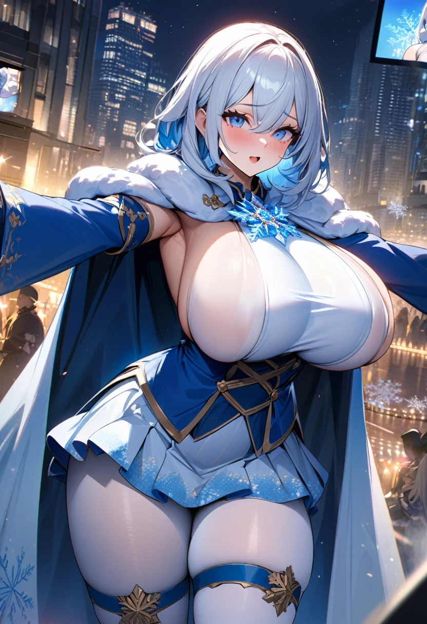 best quality, high resolution,Become a, cityscape, night,Looking at the audience, blue eyes,Short skirt,Medium-length white hair, Blue Hair,cape, White pantyhose,snowflake, Floral, jewelry, gem,shining, Thigh straps,huge 、huge breasts，4K screen，Dance，Showing breasts