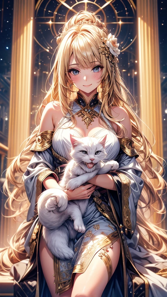 Highly Detailed CG Unity 8K Wallpaper, pretty girl, Mature blonde girl, Half Up,beautiful girl, Hot Maiden, Pale skin (super masterpiece, Fantasy art with intricate detail:1.5，Beautiful person, Well detailed face polluted smile, Her flat chest is completely hidden by her dress、Realistic, Surreal), Pray to the stars,Girl holding a big-eyed white cat in her arms