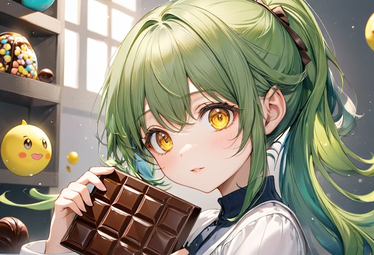 (15 yo, solo ponytail green hair long hair cute girl, cute yellow eyes, is holding) a ((shape of number 3 for chocolate))), perfect , masterpiece, best quality, 16k, beautiful detailed grow, daydreaming expression.
