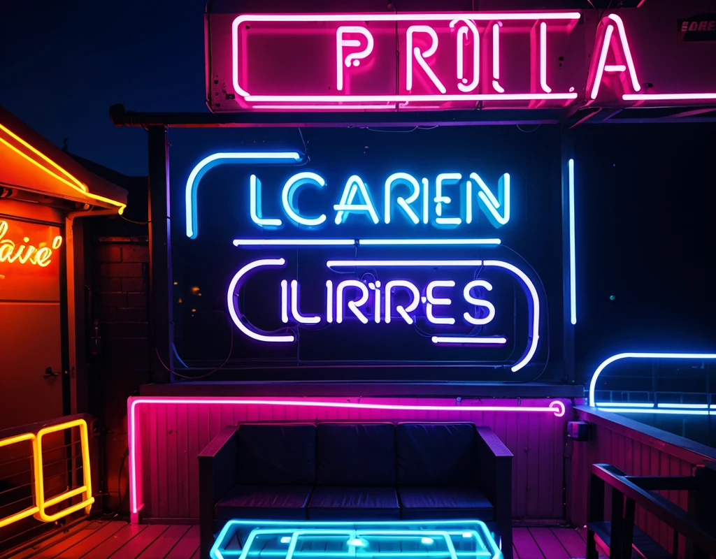 Party poster including neon lights on a terrace, without letters and fonts.