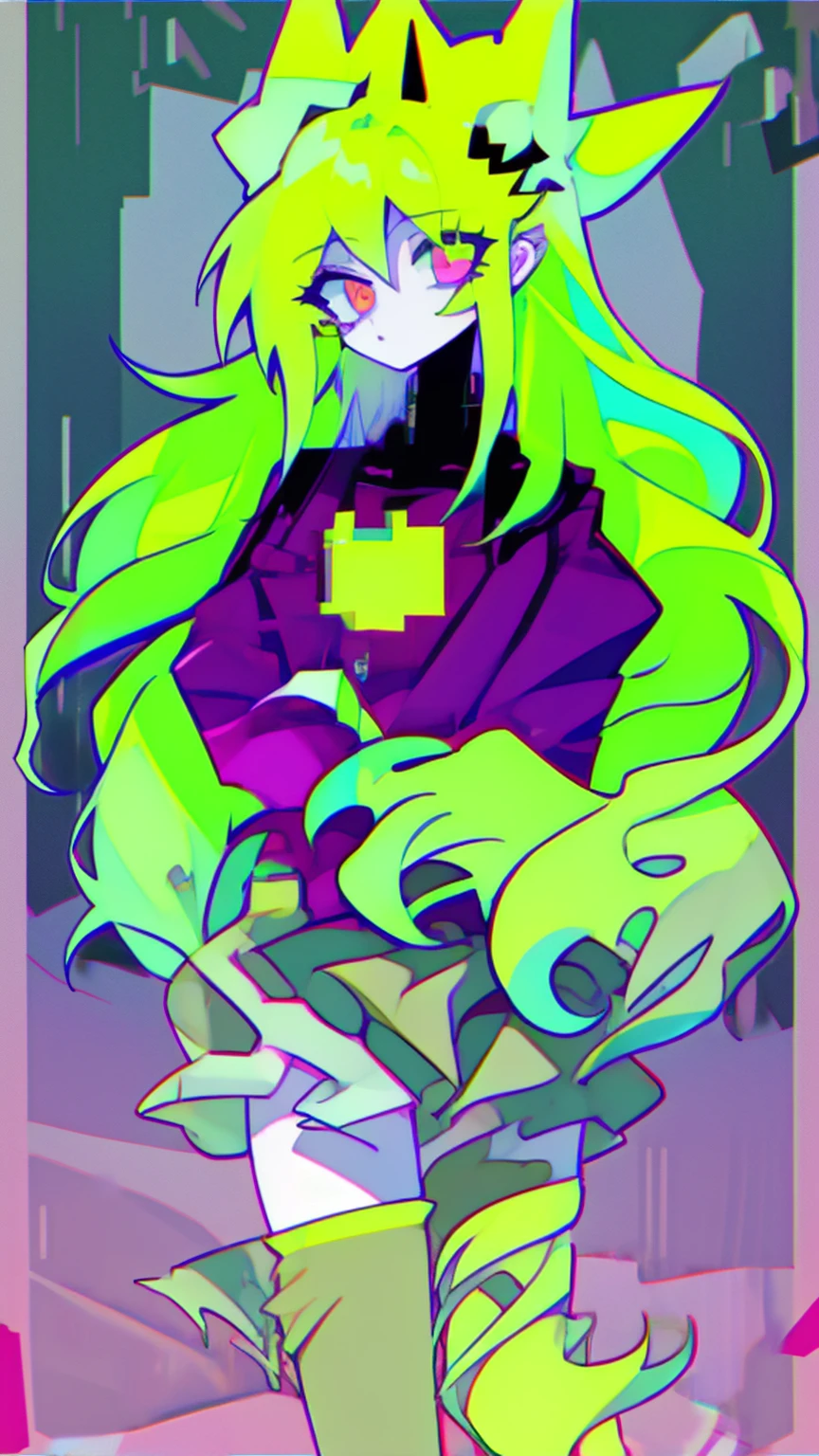 score_9, score_8_superior, score_7_superior, score_6_superior, woman, Wearing a green hoodie, Booty Shorts, Green fox ears, thick, Large Breasts, Dirty green hair, Long Hair, White eyes, Attention to detail, Fine grain, The background is a dark room, Have a sad look on your face