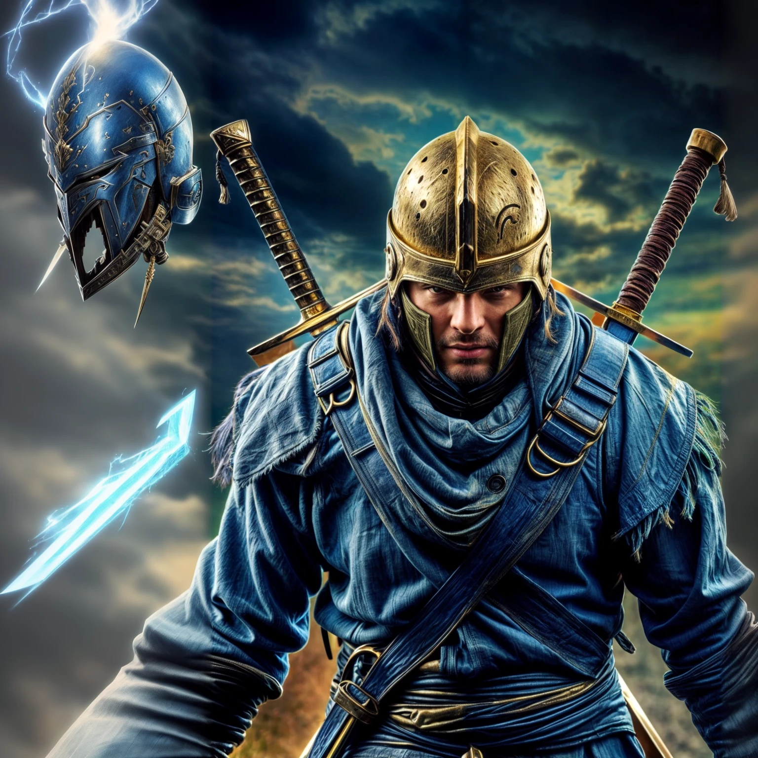 Arafed in a blue outfit with two swords and a helmet, picture of an adult male warrior, warrior with two swords, armored warrior, Fantasy Warrior in full armor, Fantasy Warrior, Kurdish Samurai, attractive man in armor, samurai warrior, medieval warrior, armored warrior, Ancient Soldier, Ancient Warrior, Persian warrior, male warrior, a Fantasy Warrior