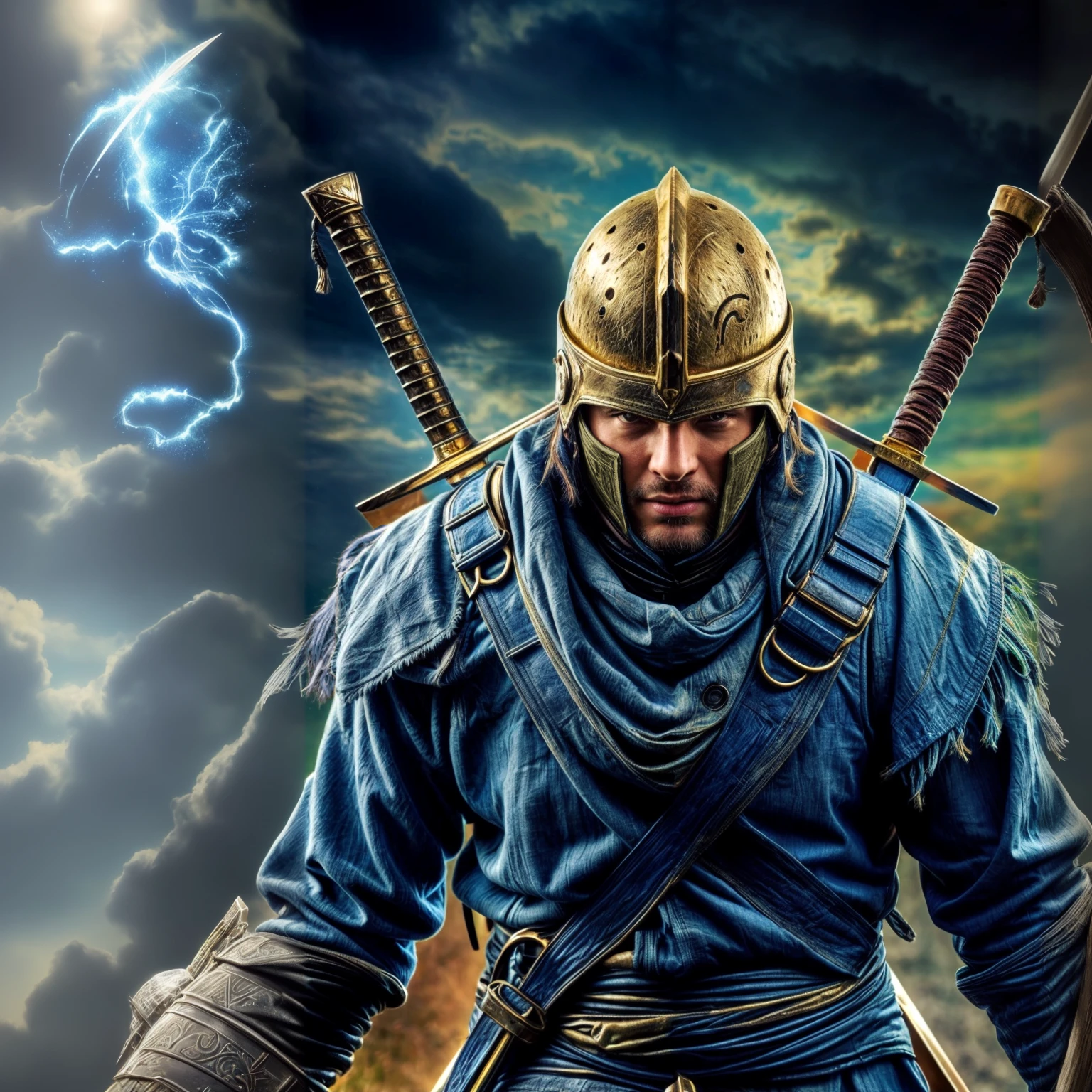 Arafed in a blue outfit with two swords and a helmet, picture of an adult male warrior, warrior with two swords, armored warrior, Fantasy Warrior in full armor, Fantasy Warrior, Kurdish Samurai, attractive man in armor, samurai warrior, medieval warrior, armored warrior, Ancient Soldier, Ancient Warrior, Persian warrior, male warrior, a Fantasy Warrior