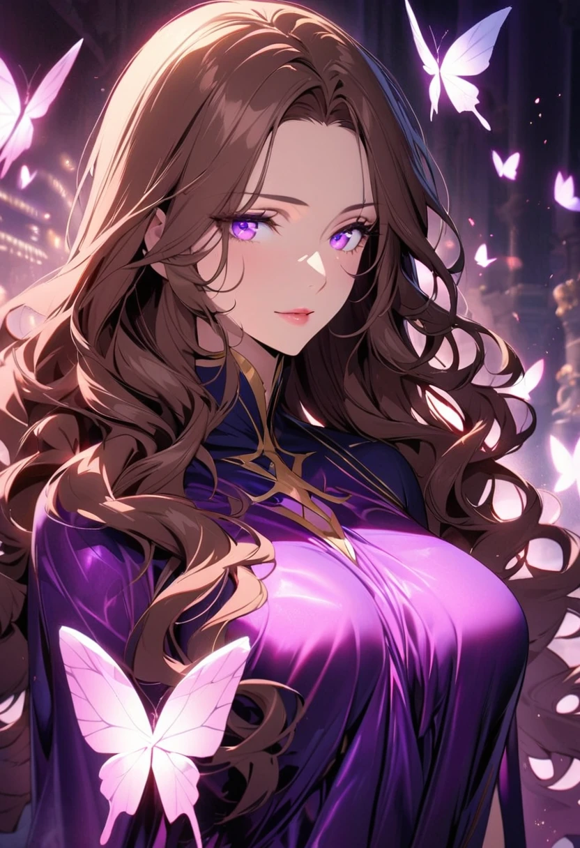 girl, brown hair, wavy hair, long hair, glowing purple eyes, magical silk fabric, mature woman, gorgeous, beautiful background, super detail, beautiful color, glowing butterfly, angel, main face, front face