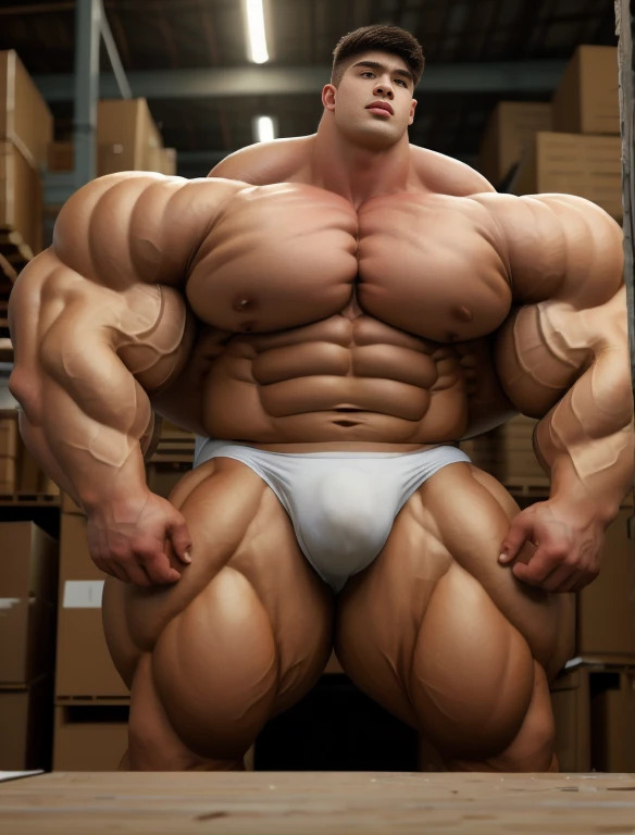 1boy, giant, model shoot style, staring, illuminating light, strong body, bulk, large size, cramped in the abandoned warehouse, nude, white triangular underwear, prominent bulge, big, brutalmass, giant, muscular body, bulk, massive body, large meaty body size 