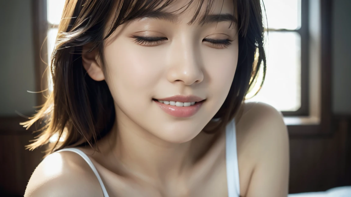 (masterpiece:1.3),(8K,photorealistic,raw photo,best quality:1.4),Japanese,(1 girl),beautiful face,(realistic face),17 years old,(black hair),beautiful hairstyle,beautiful eyes,white leotard,beautiful eye detail,(realistic skin),beautiful skin,attractive,high resolution,ultra-realistic,high quality,golden ratio,legs to shoulders visible,beautiful skin detail,(cute:1.2),(black hair),(jpop idol),(upper thighs:0.6),(depth of field),soft light,lens shine,gaze,(droopy eyes:1.2),straight teeth,smile,flowing hair,(blonde:1.2),brown eyes,movie scene,film,full color,4K,8K,16K,raw photo,masterpiece,professional photo,cleavage,bare shoulders,closed eyes kissing face,big breasts and slim body
