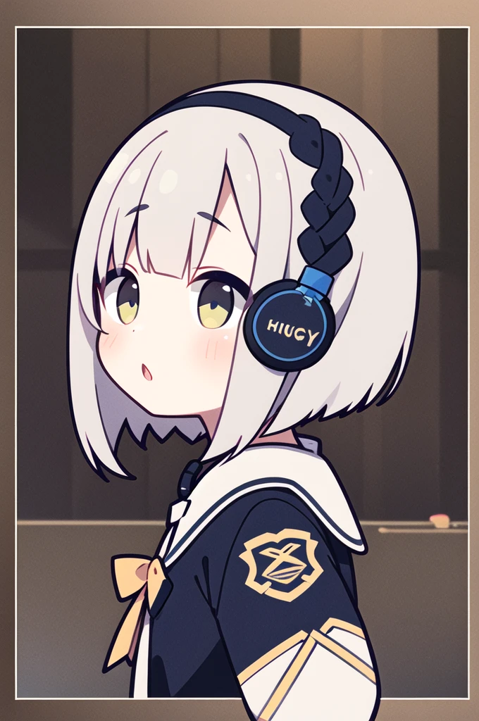 highest quality、masterpiece、、Silver braided short bob hair、、behind-the-head headphones、　naughty
