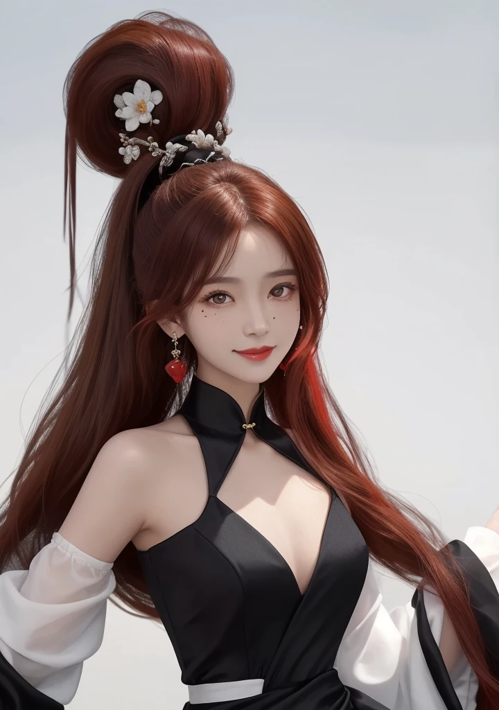 1girl, 
yinlin \(wuthering waves\),  
solo, white background, breasts, mole under mouth, very long hair, bare shoulders, upper body, ahoge, single earring, long sleeves, jewelry, detached sleeves, simple background, hair over one eye, red hair, black dress, mole, dress, china dress, mole under eye, smile, chinese clothes, ponytail, looking at viewer, long hair, closed mouth, brown eyes, earrings, 
masterpiece, best quality,  safe
 