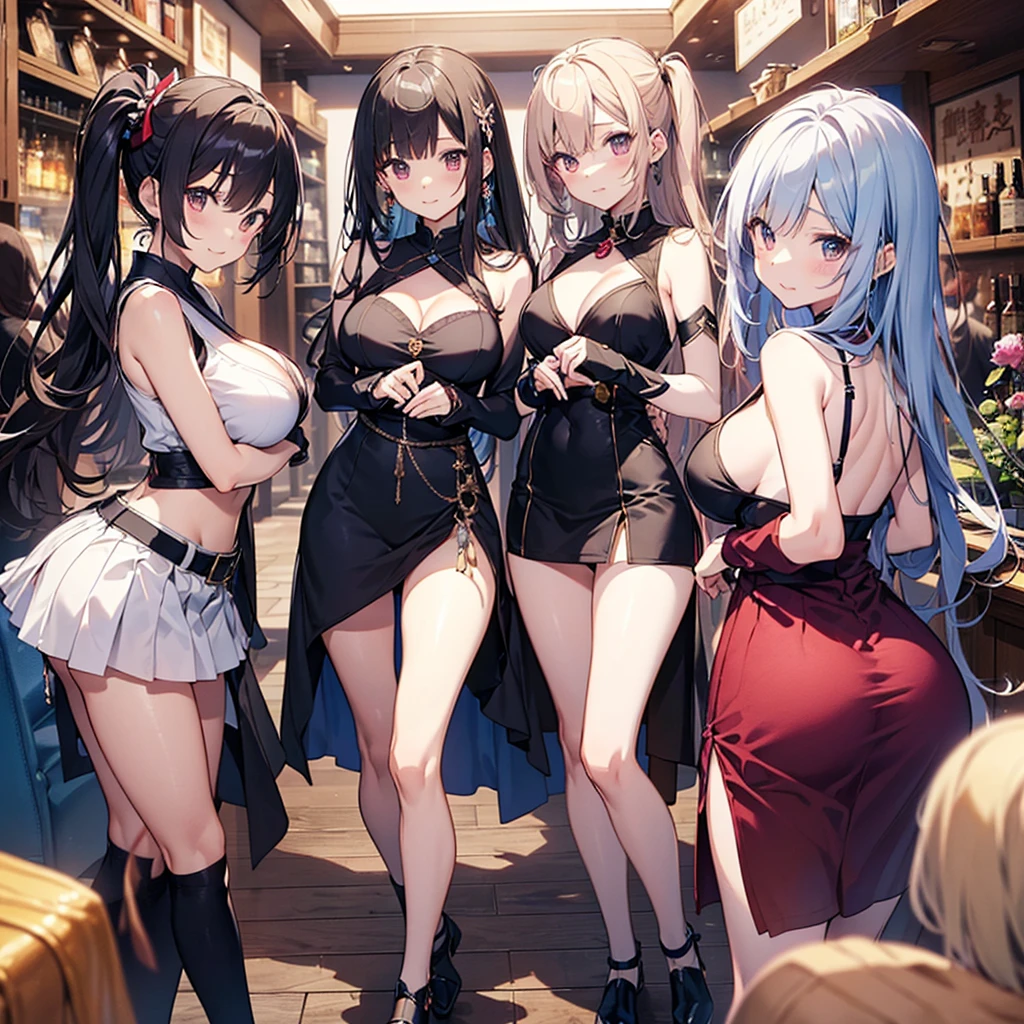 ((((Haremの複数のキャラクターが笑顔で描かれました))))、Large group of female dancers in a medieval fantasy setting、Dragon Quest、 (At the pub), Various Hair Styles, (Harem), night, detailed aspects, Clothes that expose a lot of breasts, Micro Mini Skirt, Seduce, Sleeveless、Showing invisible panties、Large Breasts、A little bigger ass、Waist、Pulling up her short skirt
