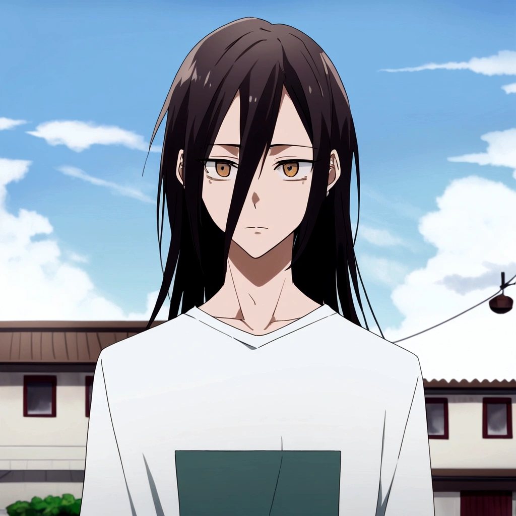 1 chico, average height and pale skin. Su cabello es negro y liso, cubre la parte derecha de su rostro, ojos oscuros. With animation from the Mappa studio, from the anime Jujutsu Kaisen with the uniform of the Tokyo Metropolitan School of Wizardry