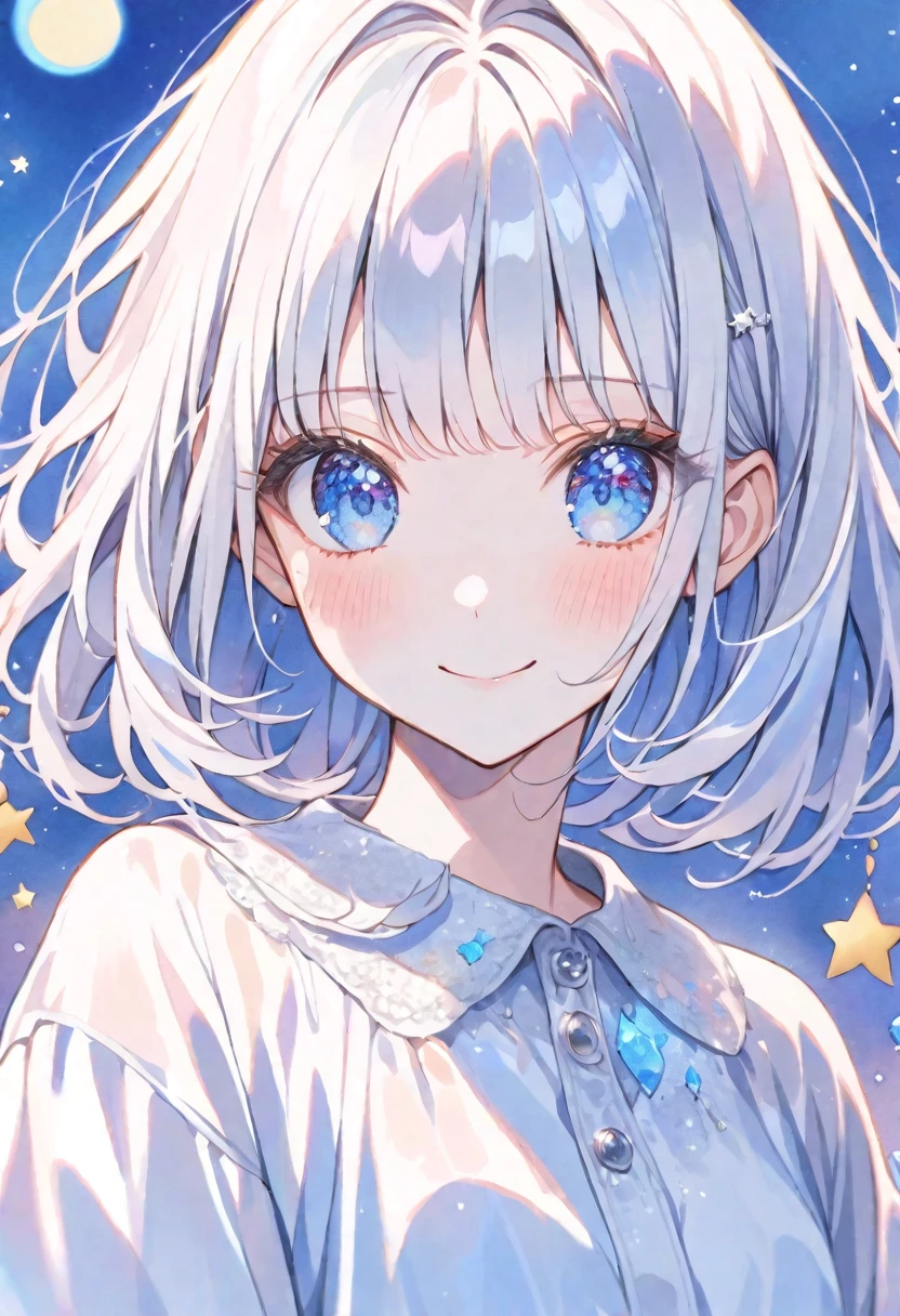 solo, handsome, Watercolor 1. Female,Straight Bob Hair, Light,White colored hair,
Blue eyes,Softlook,Lolita,Drooping eyes,
Street Style,Oversized shirt,Casual Dresses,skin,Sexy,smile,gem,
star,moon,Blue background,Face close-up,Embarrassed,Mini character,1/2