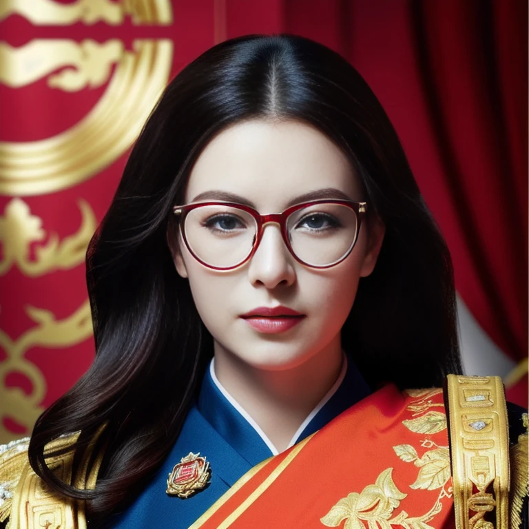 Arafed portrait of woman in red dress and eyeglasses, blue eyeglasses, closeup Portrait, Chinese empress, Portrait, By Emma Andijewska, Order of Akira, Poster Shoot, Inspiration from Min Zhen, Inspired by Xie Huan, Close-up photo, officer, official artwork, Chinese, emperor, Inspired by Guo Xi, Close-up photo
