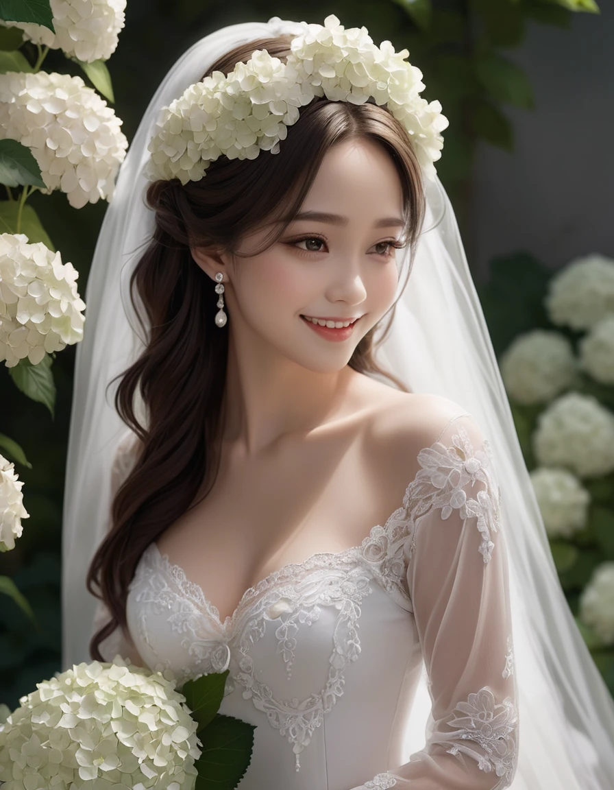 from side, close up face, look away, smile, frilly long sleeves, white lace veil, kawaii, The bride is dressed in a white wedding dress, and her cheeks are flushed with happiness. Her profile exudes a quiet beauty, and a vibrant hydrangea flower is added to her ear. The petals of the hydrangea enhance the elegance of the bride, and its color symbolizes her happiness. This scene celebrates pure love, happiness, and a new beginning.(photo realistic:1.2)