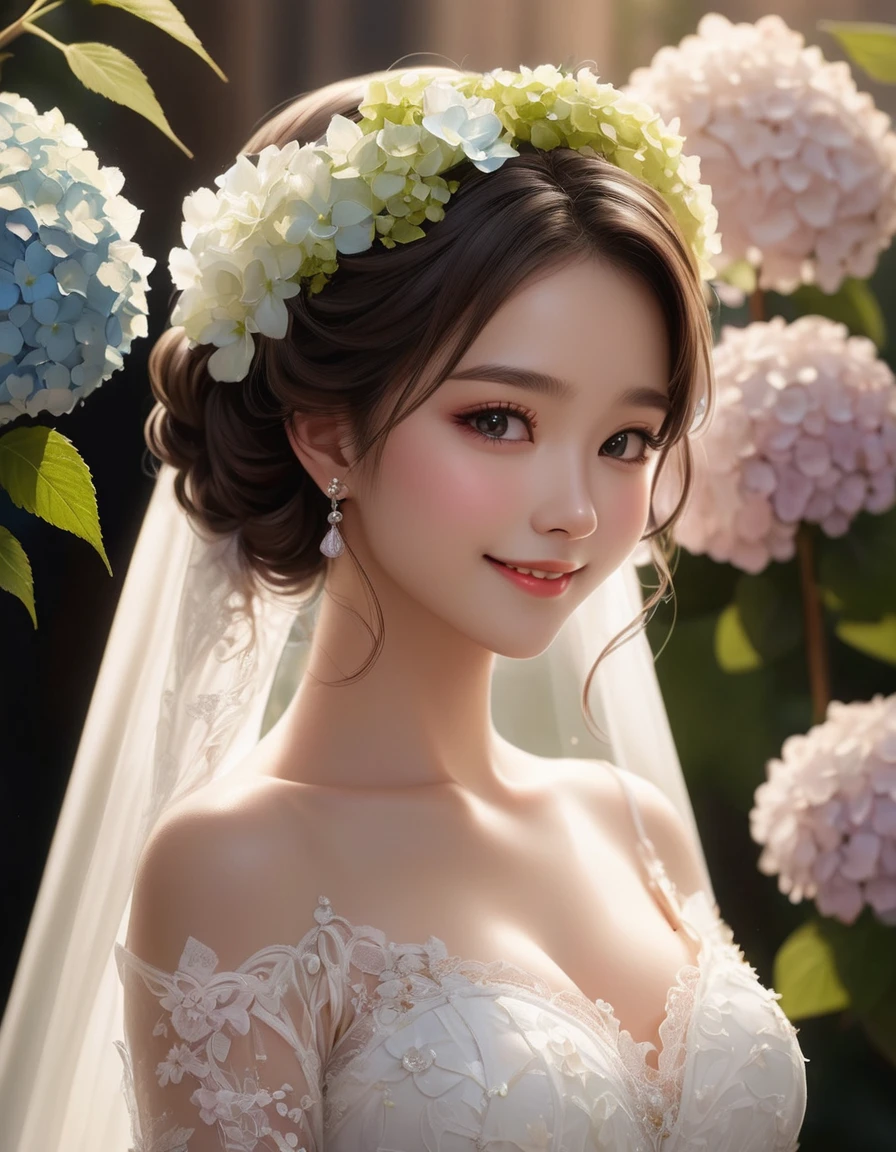 from side, close up face, look away, smile, frilly long sleeves, white lace veil, kawaii, The bride is dressed in a white wedding dress, and her cheeks are flushed with happiness. Her profile exudes a quiet beauty, and a vibrant hydrangea flower is added to her ear. The petals of the hydrangea enhance the elegance of the bride, and its color symbolizes her happiness. This scene celebrates pure love, happiness, and a new beginning.(photo realistic:1.2)