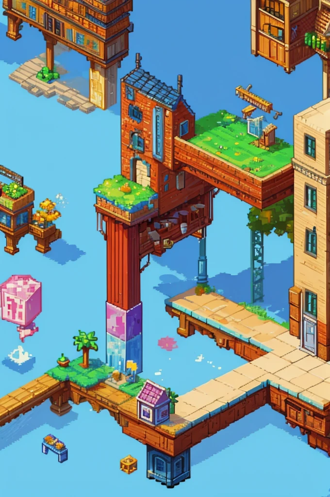 A imaginary tileset summer urban theme for a platform game 2D asset Unity Engine, 16 bits side scroller pixel art style