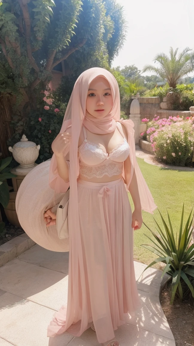 (SHORT HIJAB)), Perfect Beautiful Girl , Baby Face , She is Indonesian , White Skin , Brown Eye , Cleavage , Large Rounded Colossal Breast , Pink Lingerie , Pink Garter Belt , 18 Years Old , Girly , HDR , Extreme Detailed , Look at Viewer , Highly Resolution , Garden Outdoor