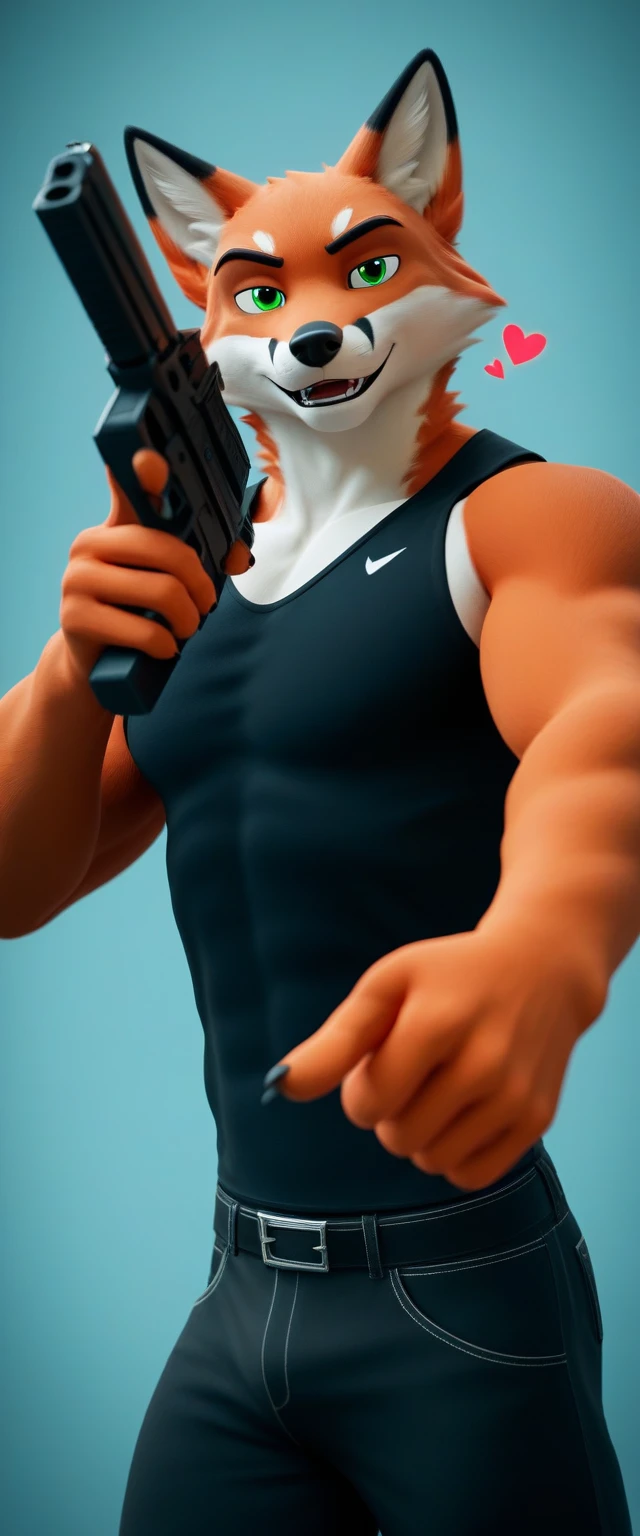 score_9, score_8_up, score_7_up, rating_safe,source_furry,anthro,source_cinematographic in 3D, adult muscular male fox Green eyes Wild west background And pointing a gun at the viewer (<3)