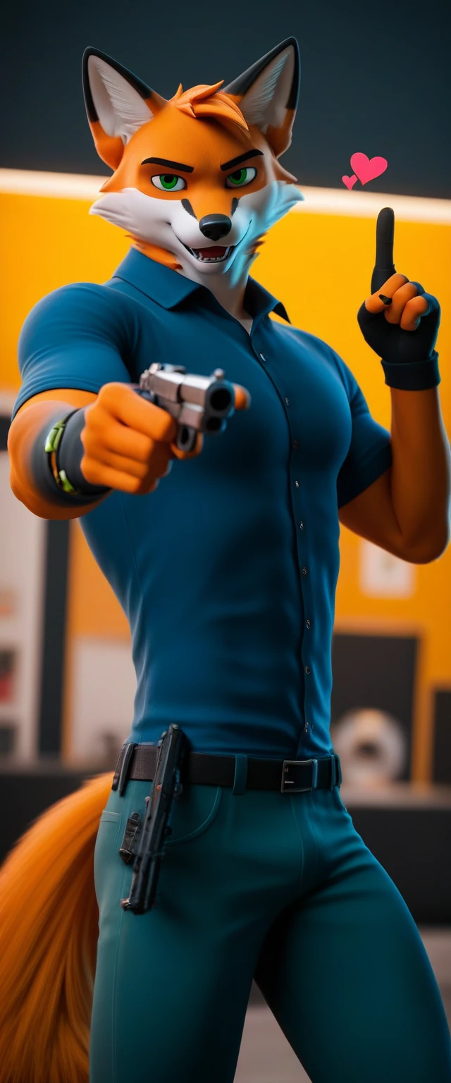 score_9, score_8_up, score_7_up, rating_safe,source_furry,anthro,source_cinematographic in 3D, adult muscular male fox Green eyes Wild west background And pointing a gun at the viewer (<3)