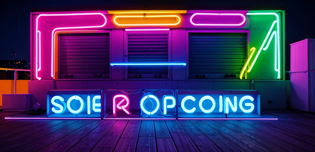 Party poster including neon shapes on a rooftop balcony, without letters and fonts.