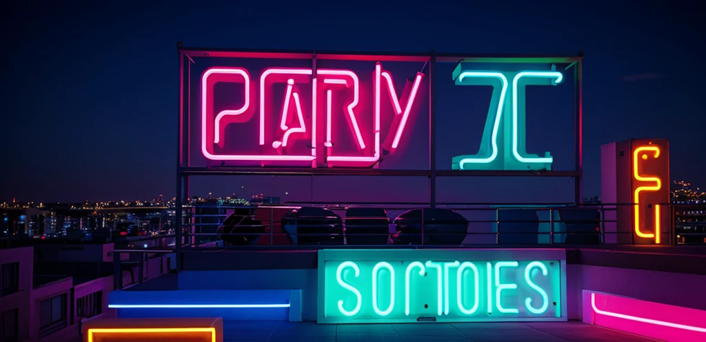 Party poster including neon shapes on a rooftop balcony, without letters and fonts.