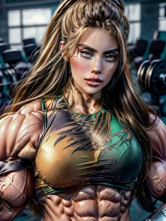 a close up of a woman with a muscular body posing for a picture, muscular girl, bodybuilder superhero bikini, karol bak uhd, muscular and terrifying, feminine and muscular, muscular character, very beautiful. big muscles, muscular warrior women, extremely detailed woman, muscular sweat lara croft, muscular ultraviolent woman, strong woman, bodybuilding woman, strong and imposing