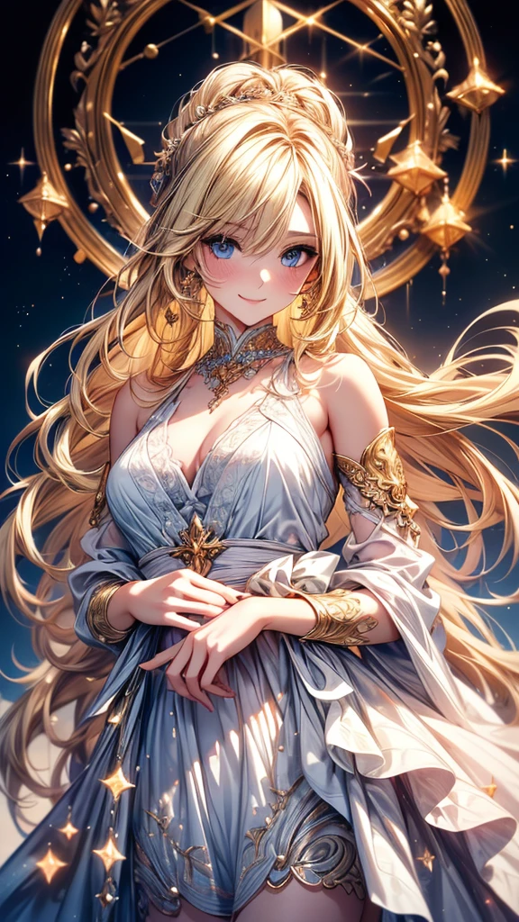 Highly Detailed CG Unity 8K Wallpaper, pretty girl, Mature blonde girl, Half Up,beautiful girl, Hot Maiden, Pale skin (super masterpiece, Fantasy art with intricate detail:1.5,Beautiful person, Well detailed face polluted smile, Her flat chest is completely hidden by her dress、Realistic, Surreal), Pray to the stars,A girl holding a cute white cat in her arms