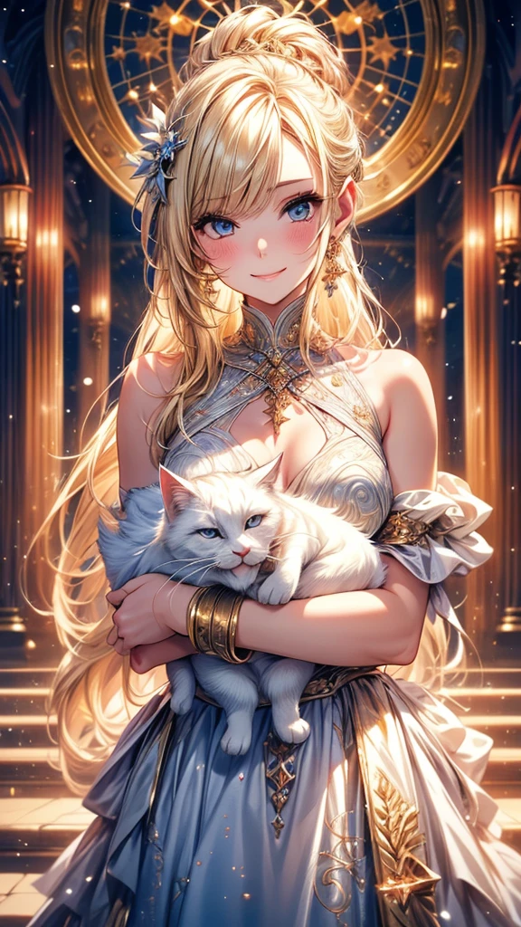 Highly Detailed CG Unity 8K Wallpaper, pretty girl, Mature blonde girl, Half Up,beautiful girl, Hot Maiden, Pale skin (super masterpiece, Fantasy art with intricate detail:1.5，Beautiful person, Well detailed face polluted smile, Her flat chest is completely hidden by her dress、Realistic, Surreal), Pray to the stars,A girl holding a cute white cat in her arms