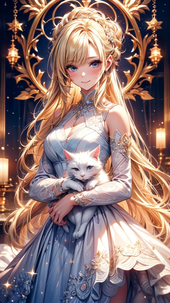 Highly Detailed CG Unity 8K Wallpaper, pretty girl, Mature blonde girl, Half Up,beautiful girl, Hot Maiden, Pale skin (super masterpiece, Fantasy art with intricate detail:1.5,Beautiful person, Well detailed face polluted smile, Her flat chest is completely hidden by her dress、Realistic, Surreal), Pray to the stars,A girl holding a cute white cat in her arms