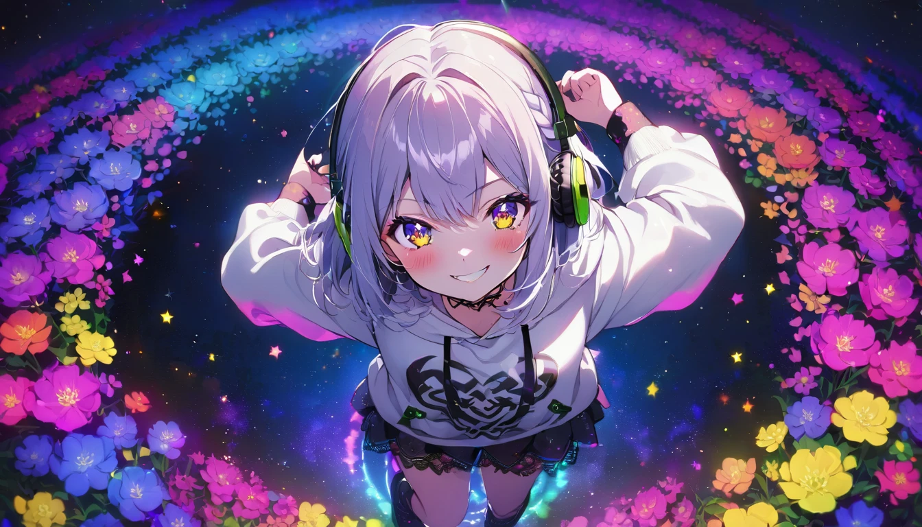 ((Masterpiece)), ((best quality)), (Anime:1.3), (super detail:1.2), (High Definition:1.3), (Professional Photography:1.3), ((12 years old)), (nsfw), cute young Girl, Glossy unruly hair, (loose swept bangs), (silver ash hair), medium hair, big eyes, (Eye bags:1.3), (Long eyelashes), colorful eyes, (evil smile and blush), Glossy lips, (jagged teeth), farewell, (white hoodie with oversized), barearms, cute, (full body:1.3), (colorful:1.3), gothic makeup, (wearing headphone), Dancing, pretty, flower field, neon-lit, pretty, Celtic, maniac, facing the camera, colorful petals dance around, starry night, (shoot from above:1.3),