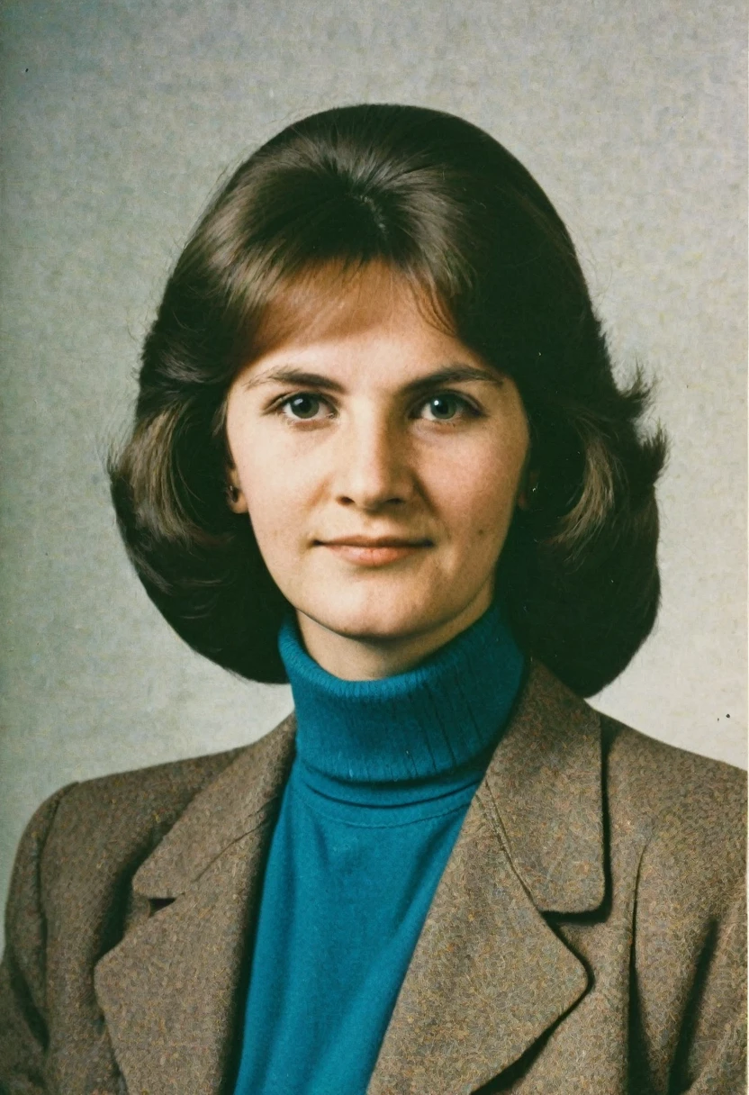 color photo, portrait. A school teacher in the USSR in the 1980s from a school yearbook.