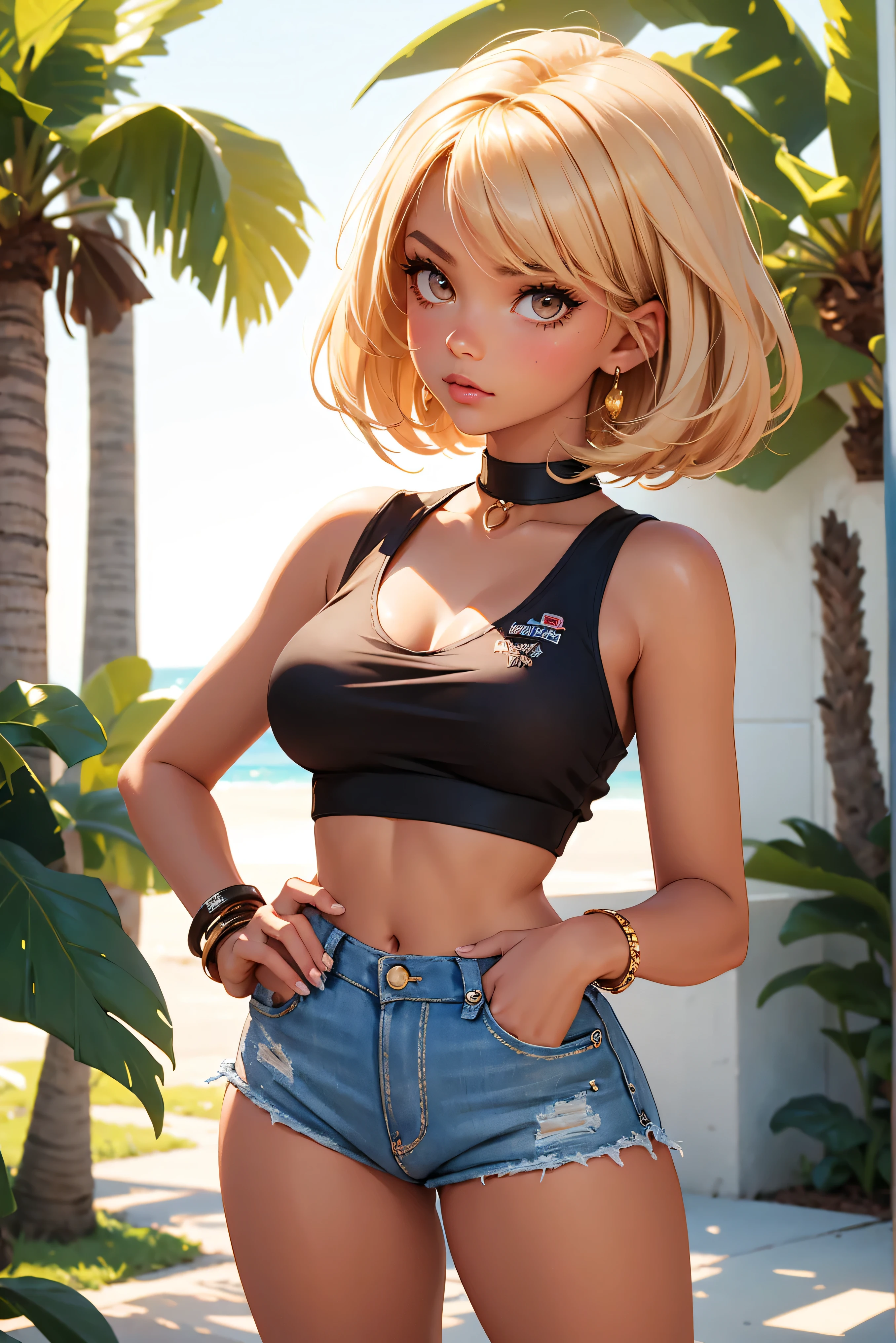age girl-model 18 years old, beautiful, tanned, blonde, bob hair, bangs, brown eyes, beautiful figure, girl wearing crop shirt and too short mini shorts, beautiful long legs, slave bracelets, slave choker, manicure, cute makeup, flirtatiously posing, hot summer, hot flirty, sexy posing, summer outfit, top quality, higest quality, pin-up style, retro 80s style, Daisy Dukes style, slave girl, Miami vibes