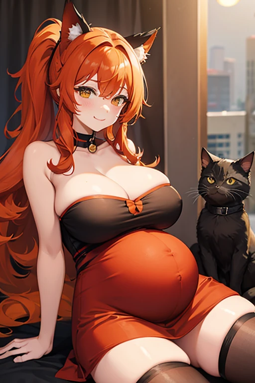 Sexy pregnant catgirl, cleavage, cat ears, curly orange red ponytail, tight strapless black dress, pregnant, black stockings
