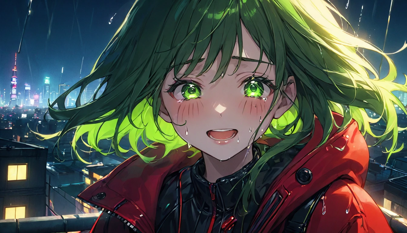 One girl with a crying and laughing face、Close-up of face、cyber punk、Green Eyes、Glowing Eyes、tears、neon、Red coat、Open coat、Teen、rooftop