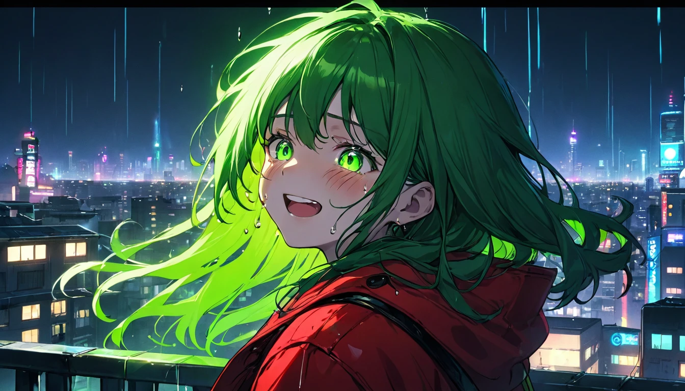 One girl with a crying and laughing face、Close-up of face、cyber punk、Green Eyes、Glowing Eyes、tears、neon、Red coat、Open coat、Teen、rooftop