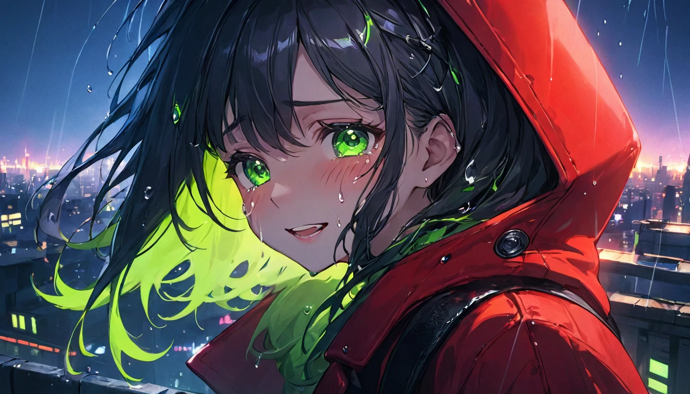 One girl with a crying and laughing face、Close-up of face、cyber punk、Green Eyes、Glowing Eyes、tears、neon、Red coat、Open coat、Teen、rooftop