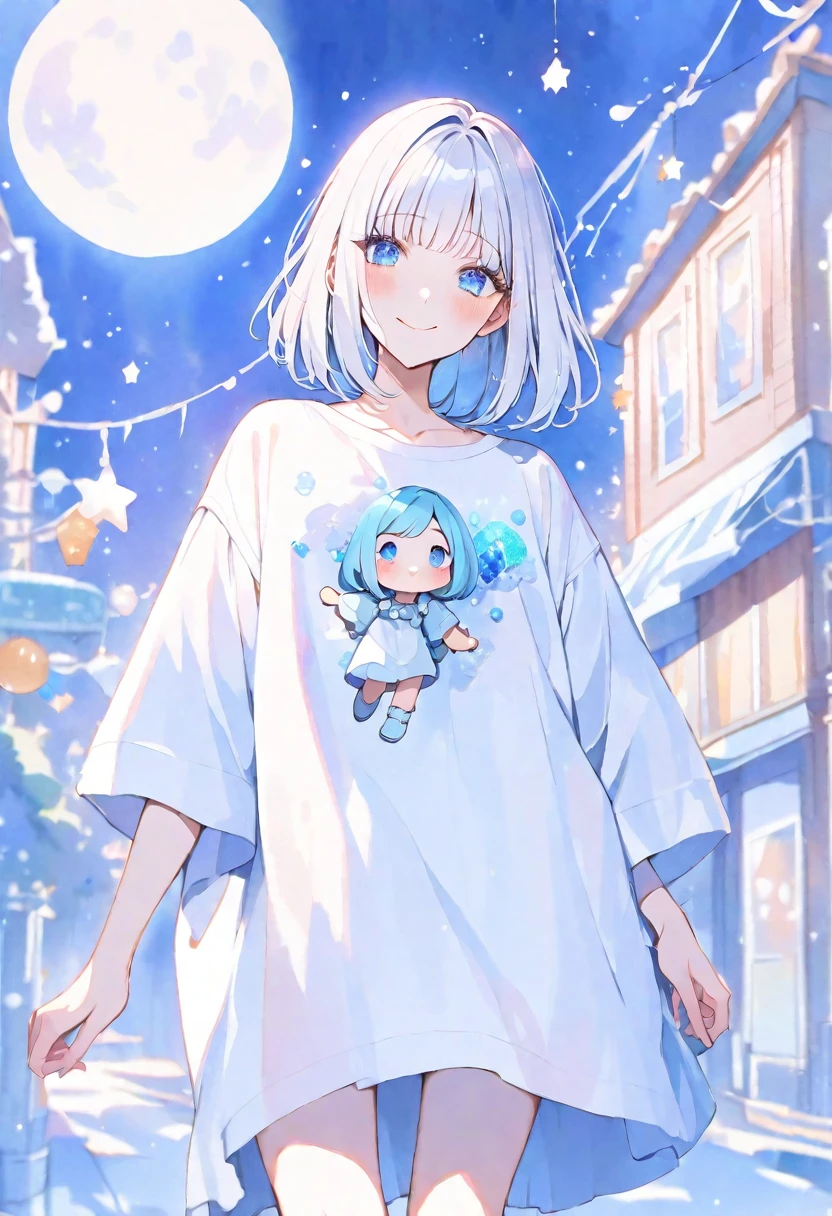 solo, handsome, Watercolor 1. Female,Straight Bob Hair, Light,White colored hair,
Blue eyes,Softlook,Lolita,Drooping eyes,
Street Style,Oversized shirt,Casual Dresses,skin,Sexy,smile,gem,
star,moon,Blue background,Embarrassed,Mini character,1/2
