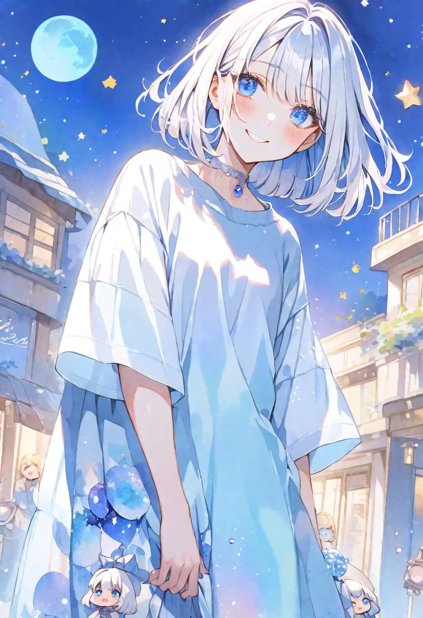 solo, handsome, Watercolor 1. Female,Straight Bob Hair, Light,White colored hair, 
Blue eyes,Softlook,Lolita,Drooping eyes,
Street Style,Oversized shirt,Casual Dresses,skin,Sexy,smile,gem,
star,moon,Blue background,Embarrassed,Mini character,1/2