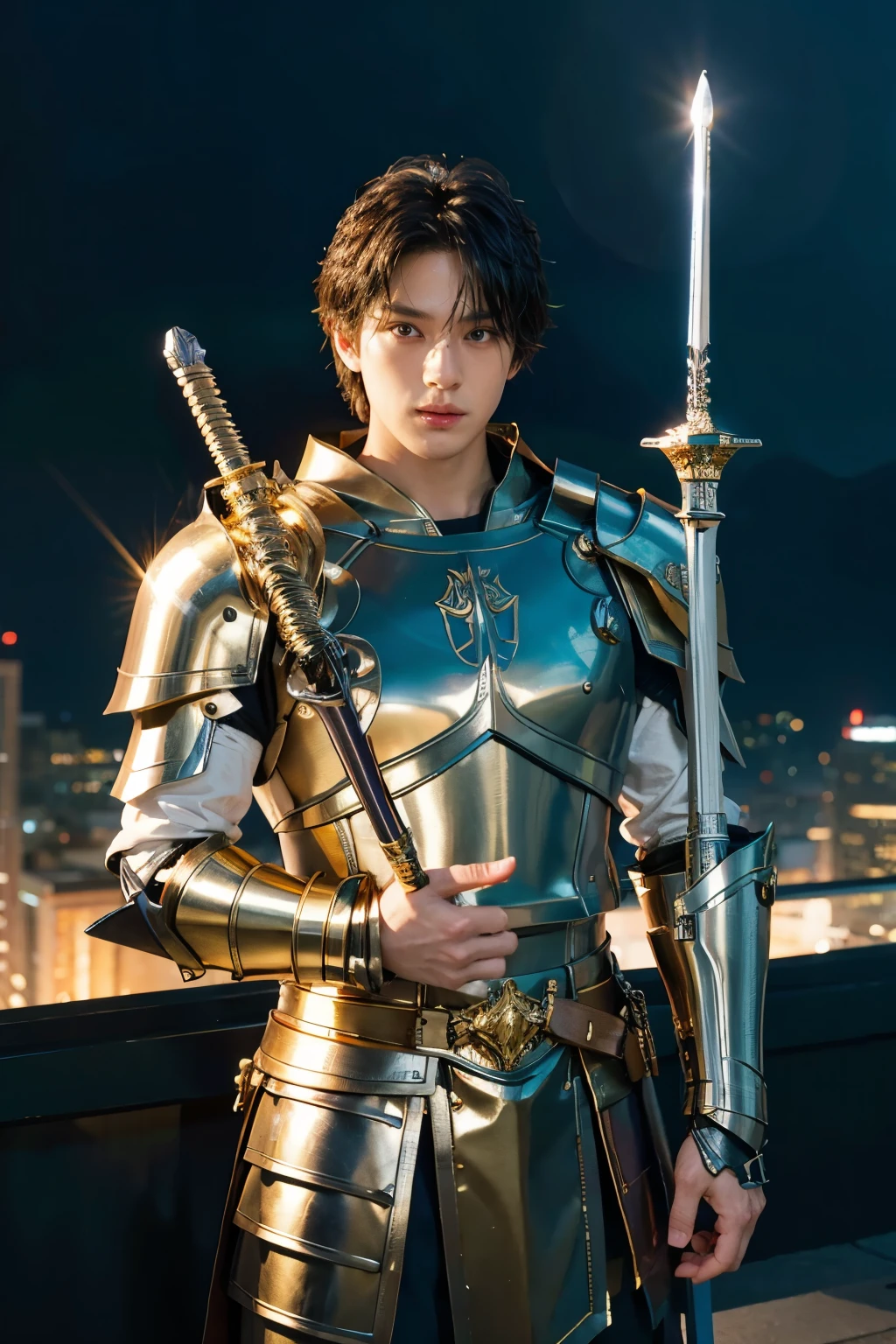 (masterpiece, best quality), A paladin holding a light infused sword, light magic, divine, magewave, silver and gold, 4k, dark cityscape, Fujifilm, 1man, 