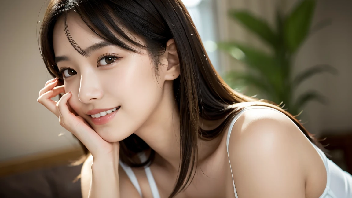 (masterpiece:1.3),(8K,photorealistic,raw photo,best quality:1.4),Japanese,(1 girl),beautiful face,(realistic face),17 years old,(black hair),beautiful hairstyle,beautiful eyes,white leotard,beautiful eye detail,(realistic skin),beautiful skin,attractive,high resolution,ultra-realistic,high quality,golden ratio,legs to shoulders visible,beautiful skin detail,(cute:1.2),(black hair),(jpop idol),(upper thighs:0.6),(depth of field),soft light,lens shine,gaze,(droopy eyes:1.2),straight teeth,smile,flowing hair,(blonde:1.2),brown eyes,movie scene,film,full color,4K,8K,16K,raw photo,masterpiece,professional photo,cleavage,bare shoulders,kissing face,big breasts and slim body
