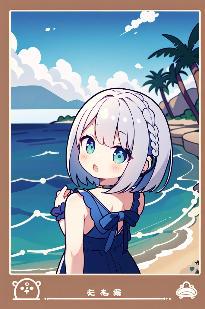 highest quality、masterpiece、、Silver braided short bob hair、、behind-the-head headphones、　naughty、Ocean
